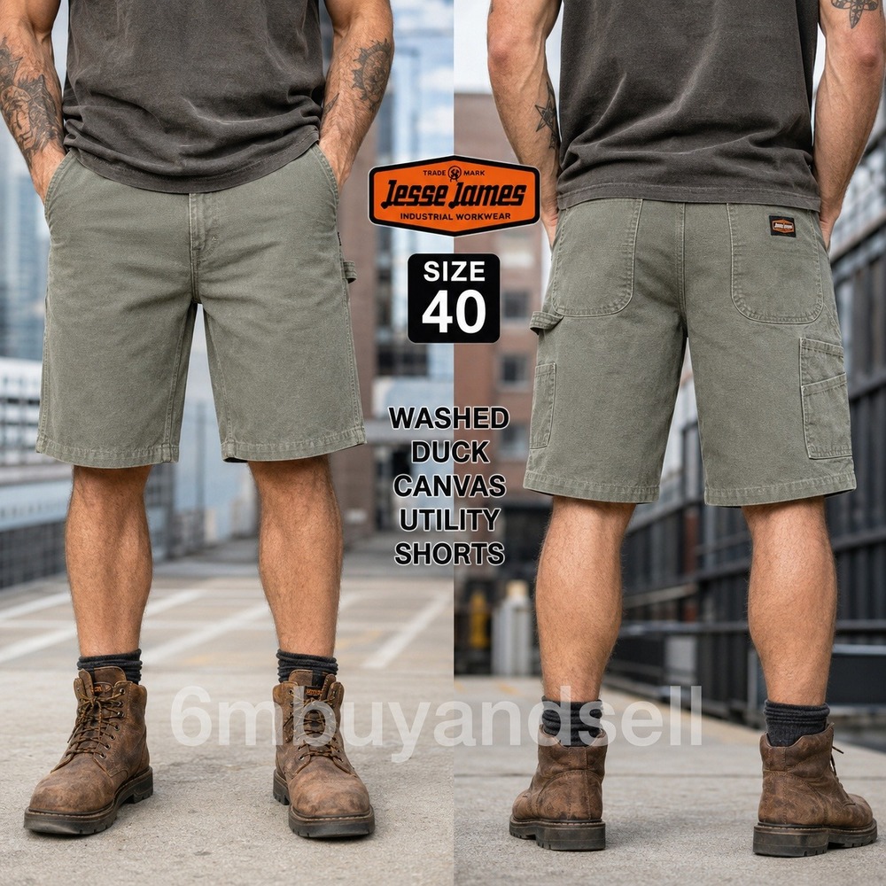 Jesse James Industrial Workwear Mens 40 Washed Duck Canvas Utility Shorts Green